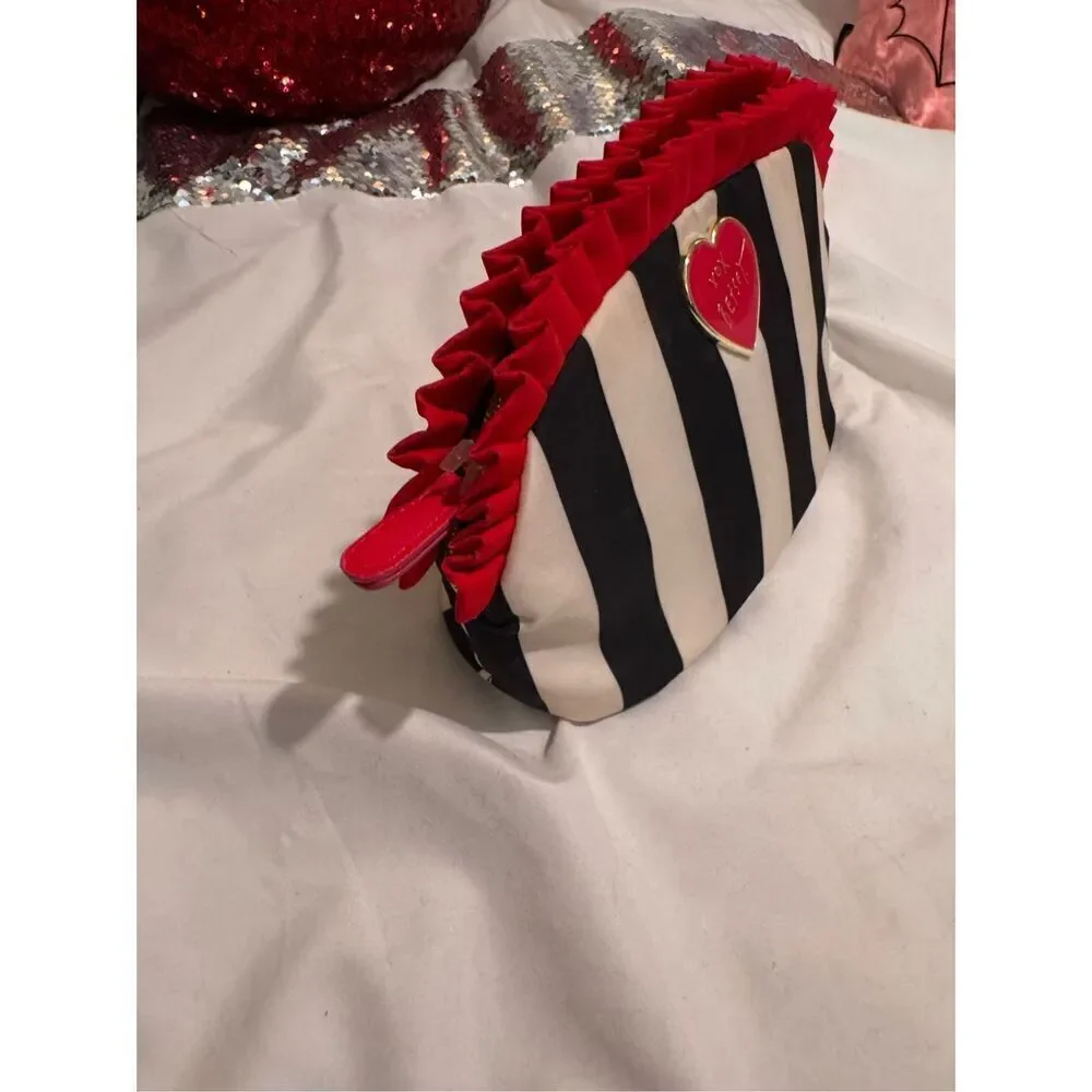 BJ betsey johnson vintage stripe & ruffle top makeup cosmetic small bag heart